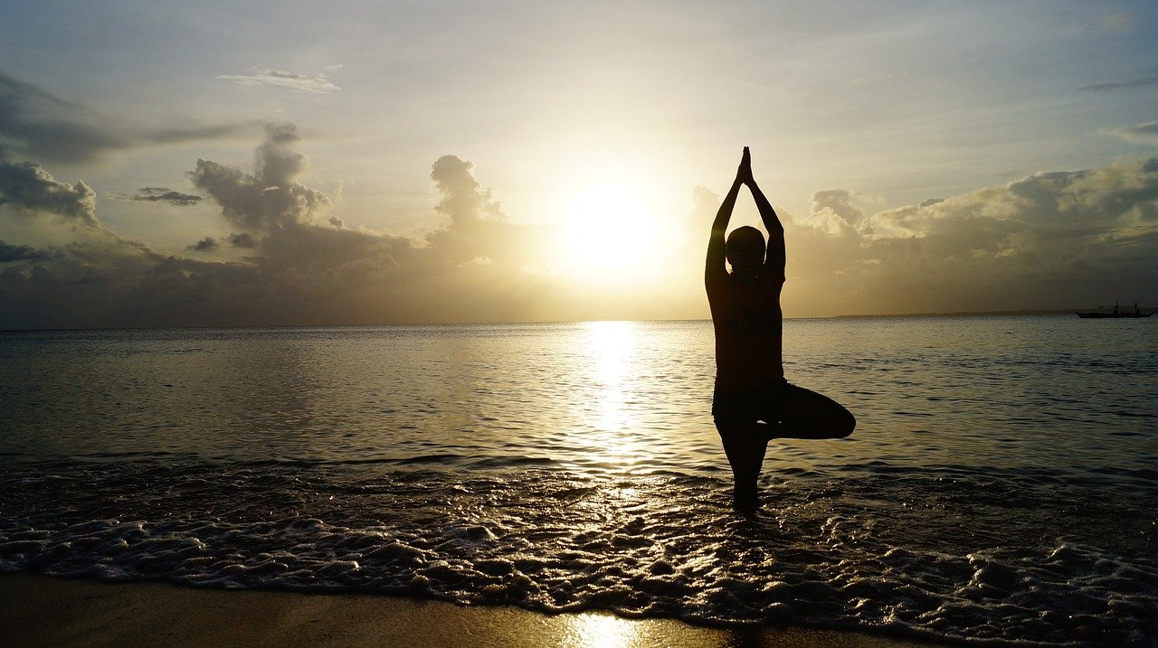 beach, yoga, sunset, silhouette, person, yoga pose, shore, seashore, sea, ocean, nature, meditate, meditation, pose, balance, calm, tranquil